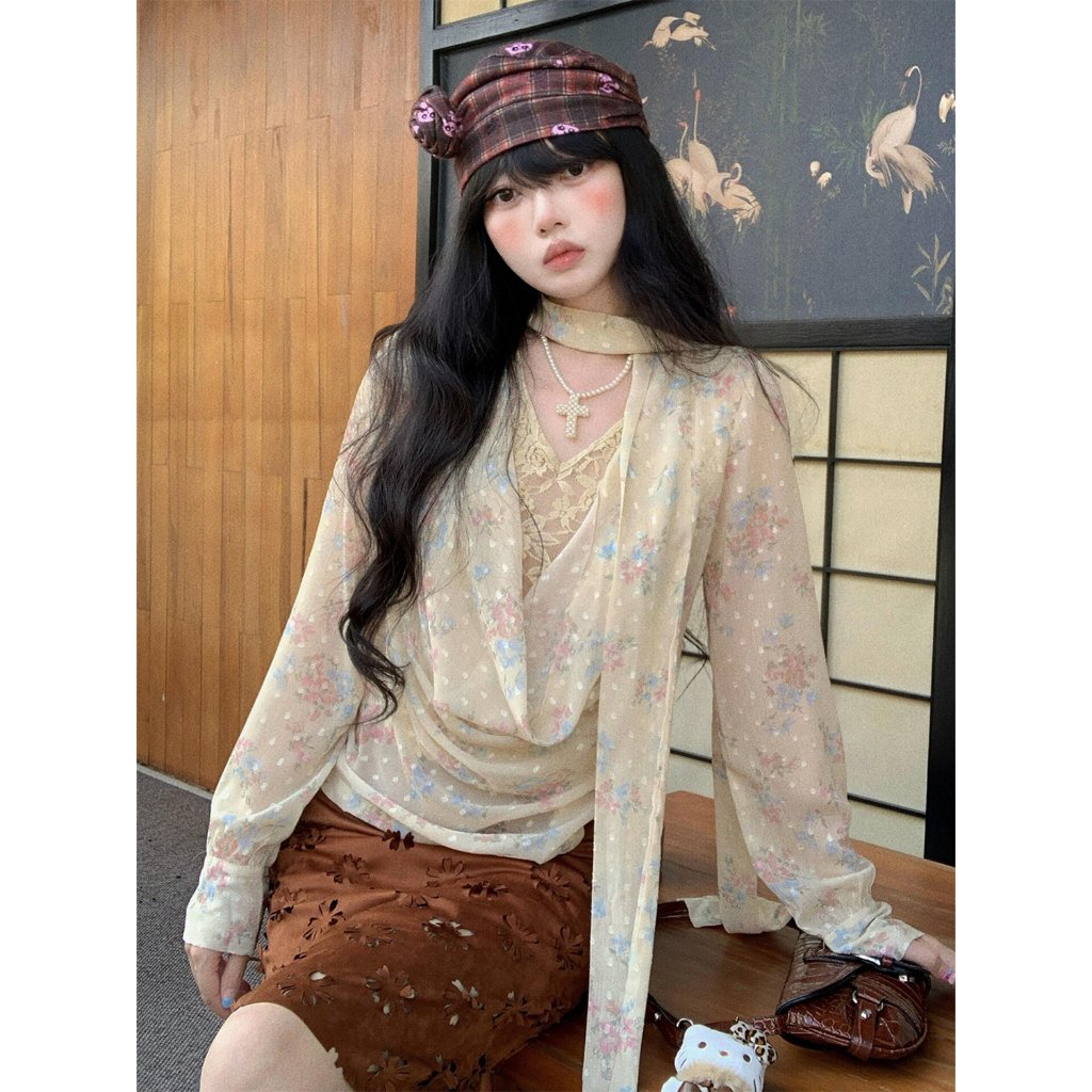 [BANKO] Nữ Pháp Xuân Hè Rời Retro In Ren Cổ Xoay Streamer Áo Sơ Mi Tay Dài