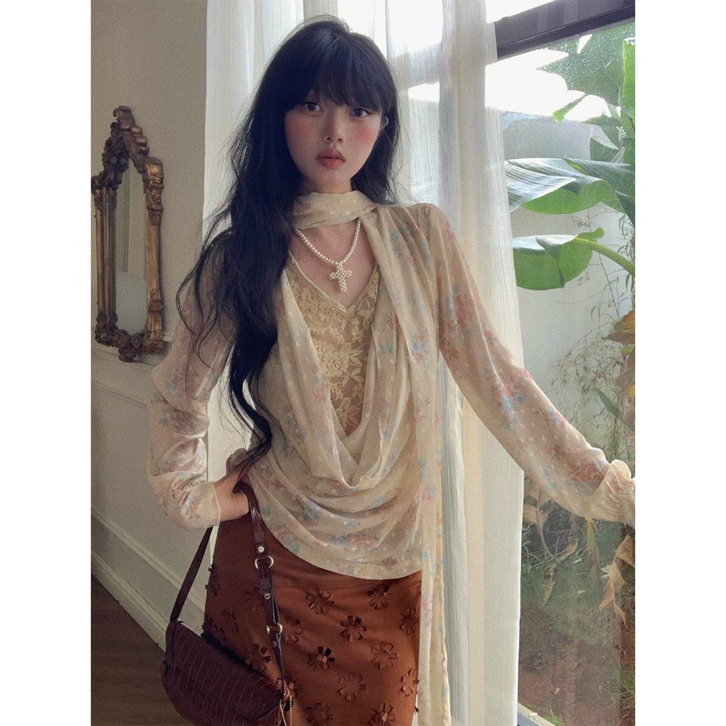 [BANKO] Nữ Pháp Xuân Hè Rời Retro In Ren Cổ Xoay Streamer Áo Sơ Mi Tay Dài