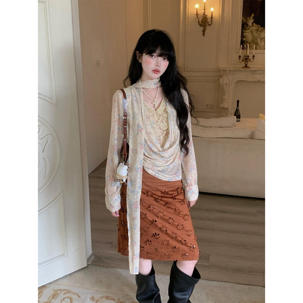 [BANKO] Nữ Pháp Xuân Hè Rời Retro In Ren Cổ Xoay Streamer Áo Sơ Mi Tay Dài