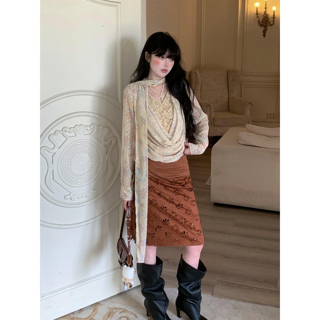 [BANKO] Nữ Pháp Xuân Hè Rời Retro In Ren Cổ Xoay Streamer Áo Sơ Mi Tay Dài