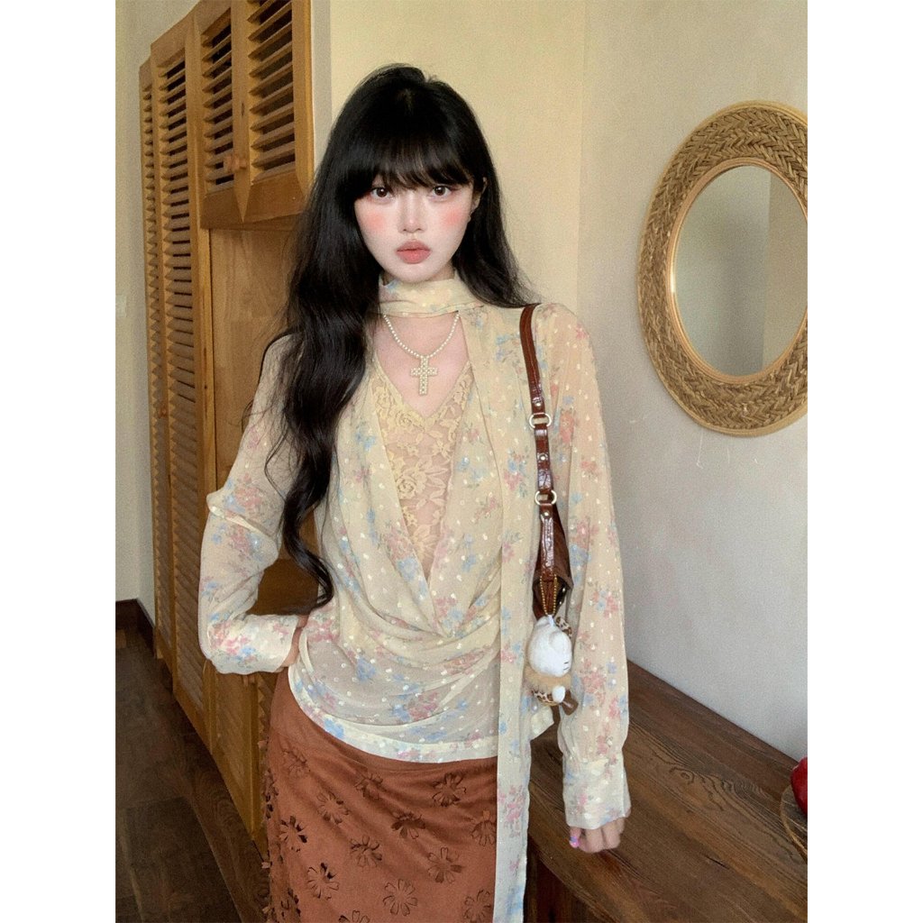 [BANKO] Nữ Pháp Xuân Hè Rời Retro In Ren Cổ Xoay Streamer Áo Sơ Mi Tay Dài