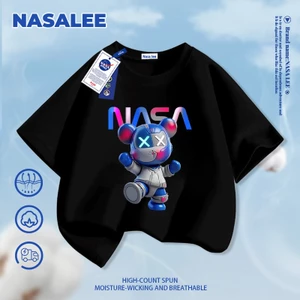 Thương hiệu nổi tiếng của NASA Cotton nguyên chất màu đen dành cho trẻ em Thoải mái ngắn tay hợp thời trang in hình gấu mát mẻ 3-16 tuổi Áo thun bé trai bé gái Áo thun thường ngày