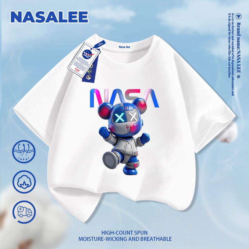 [Giao hàng trong ngày] Thương hiệu nổi tiếng của NASA Cotton nguyên chất màu đen dành cho trẻ em Thoải mái ngắn tay hợp thời trang in hình gấu mát mẻ 3-16 tuổi Áo thun bé trai bé gái Áo thun thường ngày
