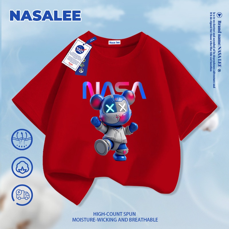 [Giao hàng trong ngày] Thương hiệu nổi tiếng của NASA Cotton nguyên chất màu đen dành cho trẻ em Thoải mái ngắn tay hợp thời trang in hình gấu mát mẻ 3-16 tuổi Áo thun bé trai bé gái Áo thun thường ngày
