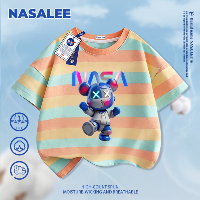 [Giao hàng trong ngày] Thương hiệu nổi tiếng của NASA Cotton nguyên chất màu đen dành cho trẻ em Thoải mái ngắn tay hợp thời trang in hình gấu mát mẻ 3-16 tuổi Áo thun bé trai bé gái Áo thun thường ngày