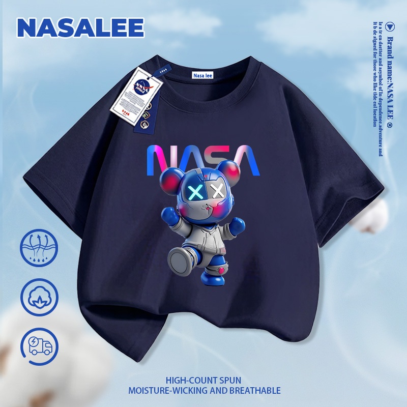 [Giao hàng trong ngày] Thương hiệu nổi tiếng của NASA Cotton nguyên chất màu đen dành cho trẻ em Thoải mái ngắn tay hợp thời trang in hình gấu mát mẻ 3-16 tuổi Áo thun bé trai bé gái Áo thun thường ngày