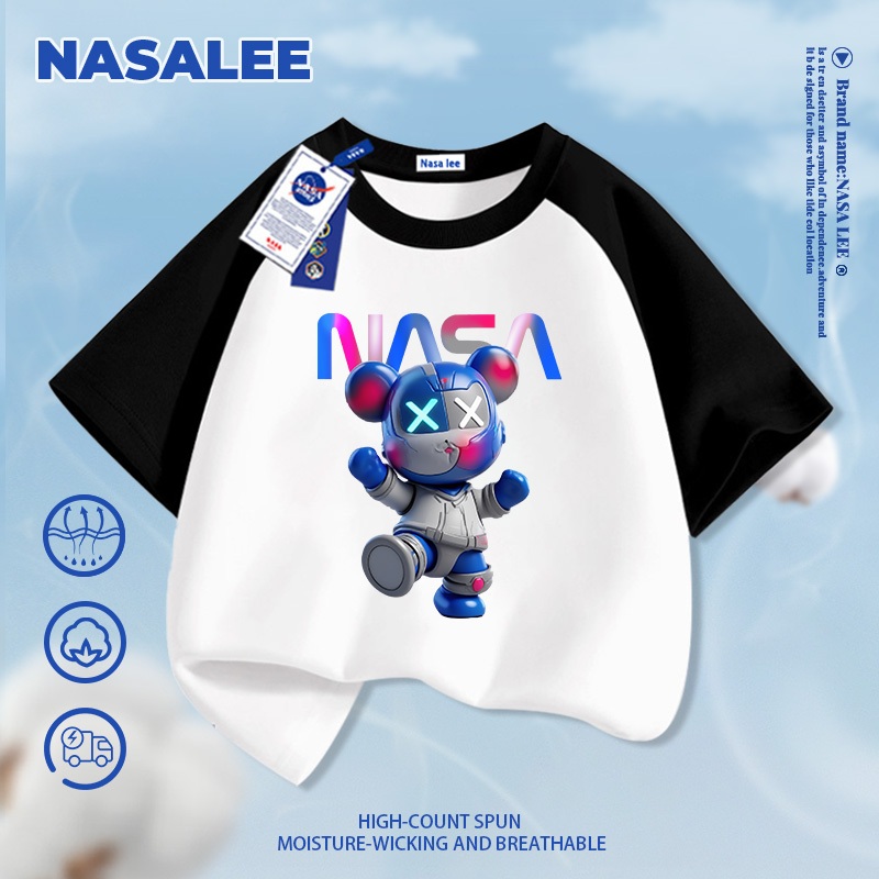 [Giao hàng trong ngày] Thương hiệu nổi tiếng của NASA Cotton nguyên chất màu đen dành cho trẻ em Thoải mái ngắn tay hợp thời trang in hình gấu mát mẻ 3-16 tuổi Áo thun bé trai bé gái Áo thun thường ngày