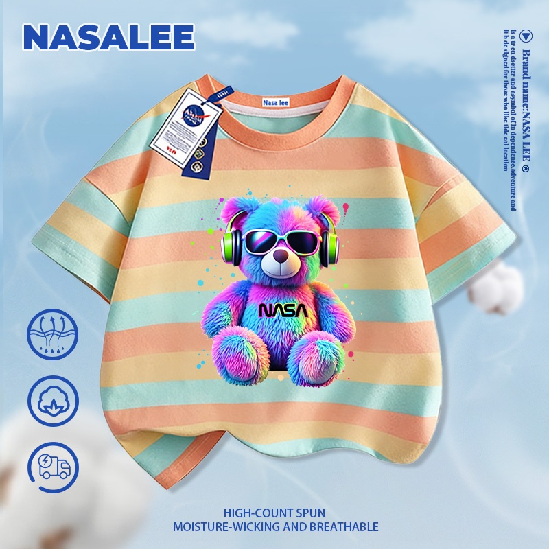 [Giao hàng trong ngày] Áo thun ngắn tay màu xanh đậm dành cho trẻ em NASA Cotton nguyên chất thoáng khí thoải mái Quần áo bé trai bé gái Thời trang đầy màu sắc Họa tiết gấu mát mẻ nửa-
