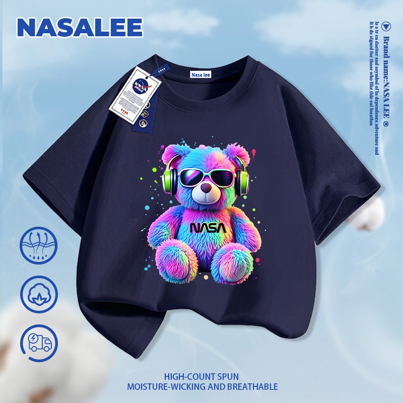 [Giao hàng trong ngày] Áo thun ngắn tay màu xanh đậm dành cho trẻ em NASA Cotton nguyên chất thoáng khí thoải mái Quần áo bé trai bé gái Thời trang đầy màu sắc Họa tiết gấu mát mẻ nửa-