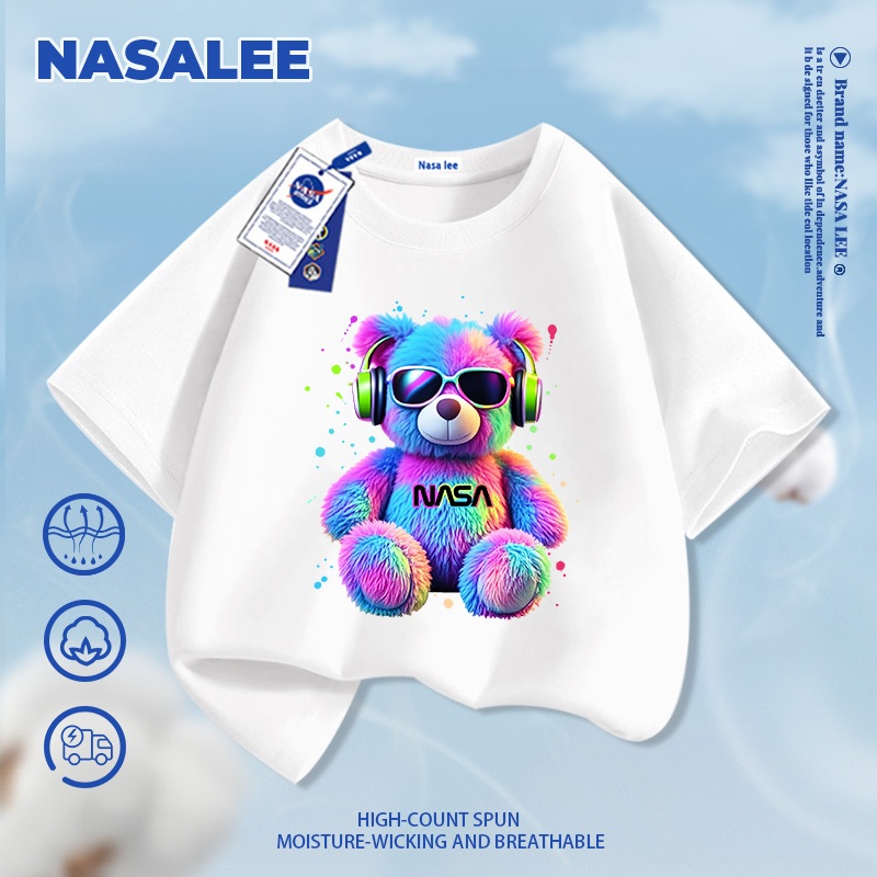 [Giao hàng trong ngày] Áo thun ngắn tay màu xanh đậm dành cho trẻ em NASA Cotton nguyên chất thoáng khí thoải mái Quần áo bé trai bé gái Thời trang đầy màu sắc Họa tiết gấu mát mẻ nửa-