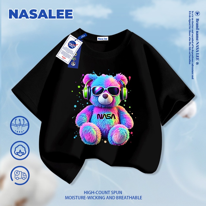[Giao hàng trong ngày] Áo thun ngắn tay màu xanh đậm dành cho trẻ em NASA Cotton nguyên chất thoáng khí thoải mái Quần áo bé trai bé gái Thời trang đầy màu sắc Họa tiết gấu mát mẻ nửa-