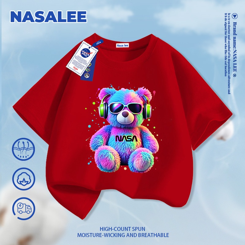 [Giao hàng trong ngày] Áo thun ngắn tay màu xanh đậm dành cho trẻ em NASA Cotton nguyên chất thoáng khí thoải mái Quần áo bé trai bé gái Thời trang đầy màu sắc Họa tiết gấu mát mẻ nửa-