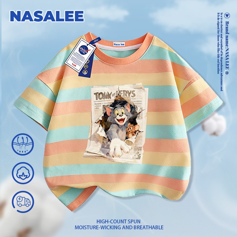 [Giao hàng trong ngày] Áo thun Cotton nguyên chất màu đen cho trẻ em NASA Áo thun Cotton thoáng khí Bầu không khí Chuột súp họa tiết mèo 3-16 tuổi Áo sơ mi ngắn tay dáng rộng thông thường