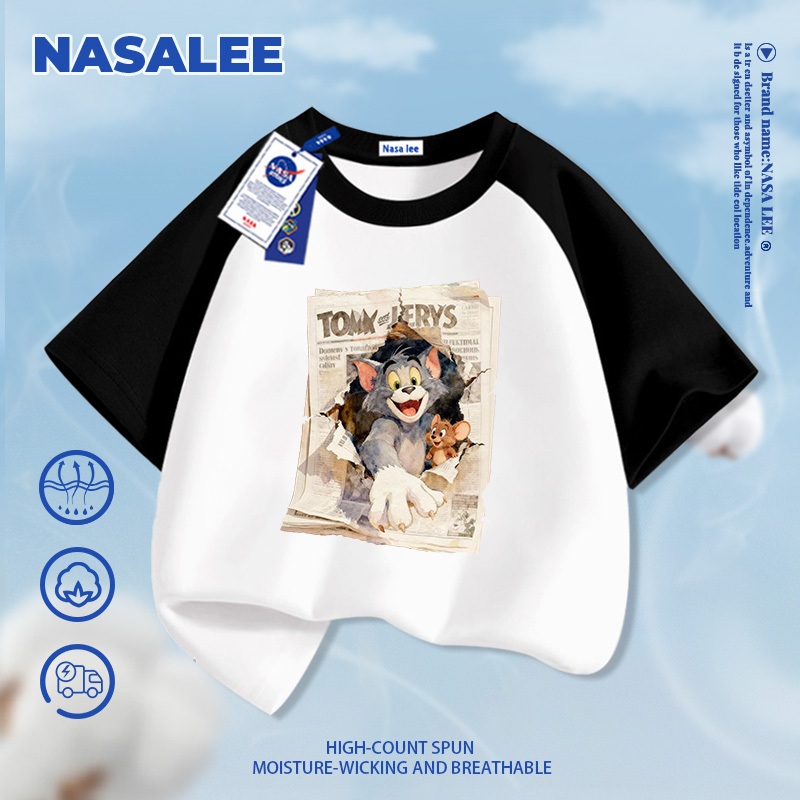[Giao hàng trong ngày] Áo thun Cotton nguyên chất màu đen cho trẻ em NASA Áo thun Cotton thoáng khí Bầu không khí Chuột súp họa tiết mèo 3-16 tuổi Áo sơ mi ngắn tay dáng rộng thông thường