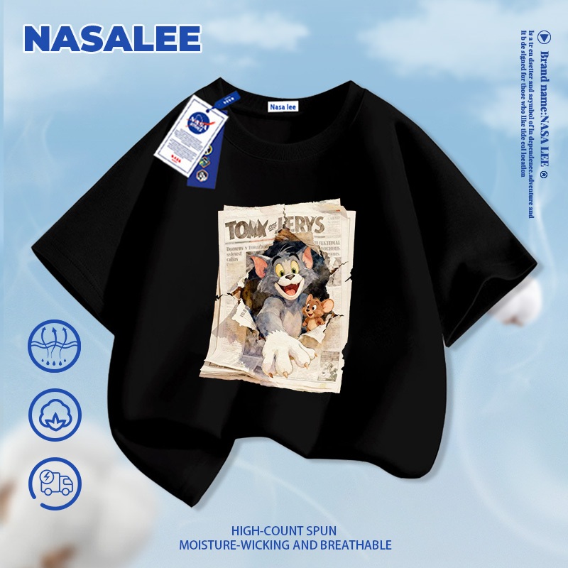 [Giao hàng trong ngày] Áo thun Cotton nguyên chất màu đen cho trẻ em NASA Áo thun Cotton thoáng khí Bầu không khí Chuột súp họa tiết mèo 3-16 tuổi Áo sơ mi ngắn tay dáng rộng thông thường