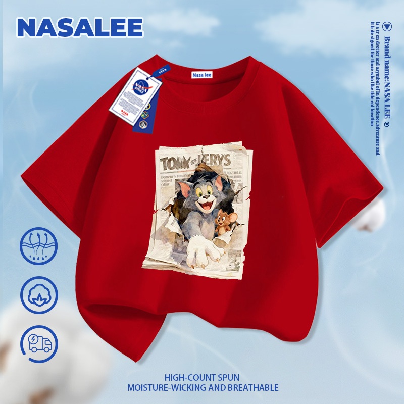 [Giao hàng trong ngày] Áo thun Cotton nguyên chất màu đen cho trẻ em NASA Áo thun Cotton thoáng khí Bầu không khí Chuột súp họa tiết mèo 3-16 tuổi Áo sơ mi ngắn tay dáng rộng thông thường