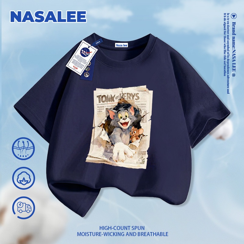 [Giao hàng trong ngày] Áo thun Cotton nguyên chất màu đen cho trẻ em NASA Áo thun Cotton thoáng khí Bầu không khí Chuột súp họa tiết mèo 3-16 tuổi Áo sơ mi ngắn tay dáng rộng thông thường