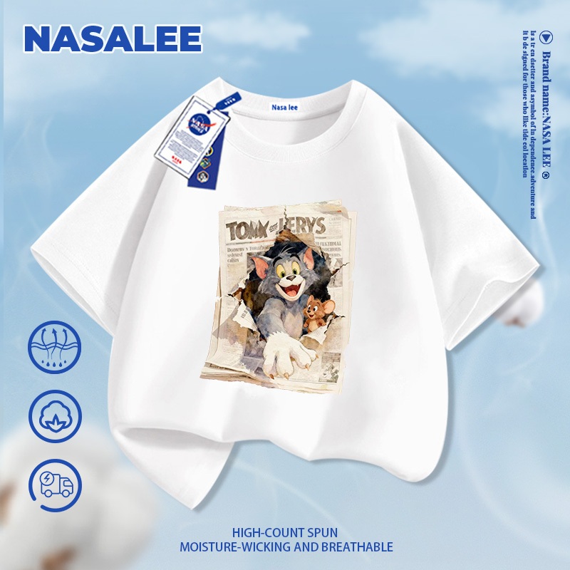 [Giao hàng trong ngày] Áo thun Cotton nguyên chất màu đen cho trẻ em NASA Áo thun Cotton thoáng khí Bầu không khí Chuột súp họa tiết mèo 3-16 tuổi Áo sơ mi ngắn tay dáng rộng thông thường
