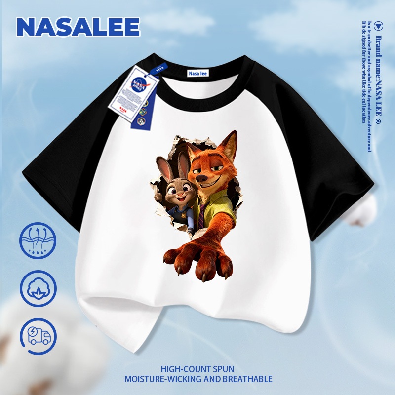 [Giao hàng trong ngày] Áo thun Cotton Cotton nguyên chất màu đen cho trẻ em NASA Bầu không khí Judy Nick Họa tiết 3-16 tuổi Tay ngắn dáng rộng thông thường