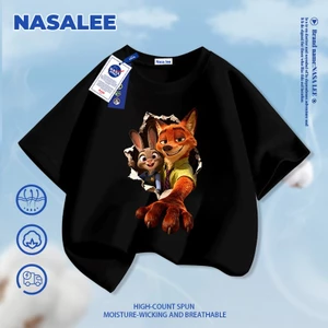 Áo thun Cotton Cotton nguyên chất màu đen cho trẻ em NASA Bầu không khí Judy Nick Họa tiết 3-16 tuổi Tay ngắn dáng rộng thông thường