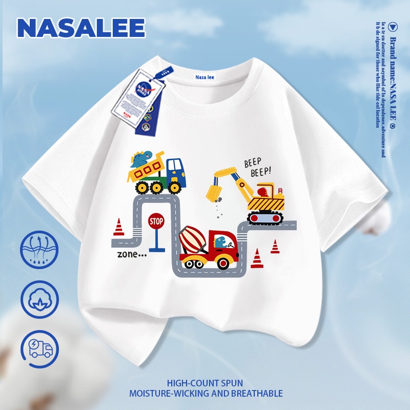 [Giao hàng trong ngày] Áo thun ngắn tay màu xanh đậm dành cho trẻ em Phong cách NASA Cotton nguyên chất Vải thoáng khí Họa tiết ô tô và máy xúc Phiên bản rộng rãi Phong cách đường phố Thích hợp cho bé 3-16 tuổi