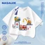 Áo thun ngắn tay màu xanh đậm dành cho trẻ em Phong cách NASA Cotton nguyên chất Vải thoáng khí Họa tiết ô tô và máy xúc Phiên bản rộng rãi Phong cách đường phố Thích hợp cho bé 3-16 tuổi