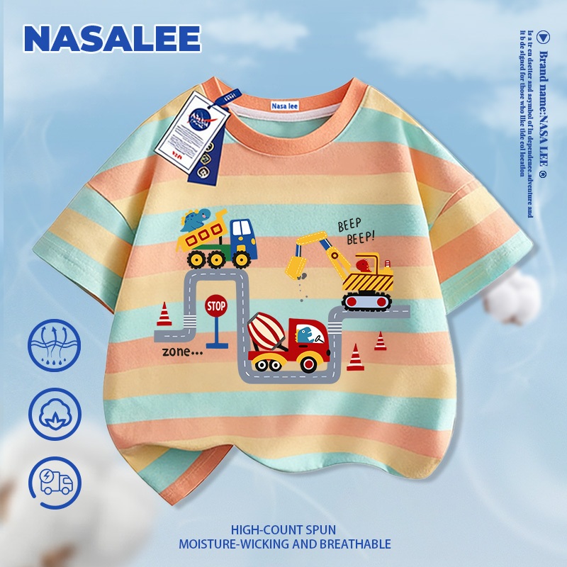 [Giao hàng trong ngày] Áo thun ngắn tay màu xanh đậm dành cho trẻ em Phong cách NASA Cotton nguyên chất Vải thoáng khí Họa tiết ô tô và máy xúc Phiên bản rộng rãi Phong cách đường phố Thích hợp cho bé 3-16 tuổi