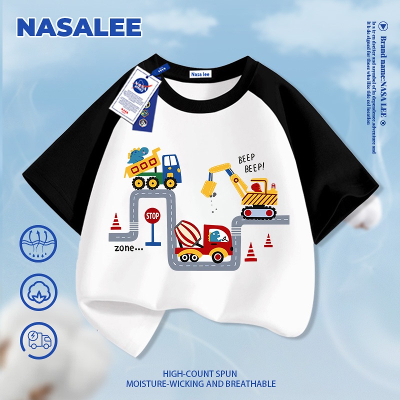[Giao hàng trong ngày] Áo thun ngắn tay màu xanh đậm dành cho trẻ em Phong cách NASA Cotton nguyên chất Vải thoáng khí Họa tiết ô tô và máy xúc Phiên bản rộng rãi Phong cách đường phố Thích hợp cho bé 3-16 tuổi