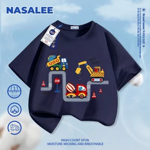 Áo thun ngắn tay màu xanh đậm dành cho trẻ em Phong cách NASA Cotton nguyên chất Vải thoáng khí Họa tiết ô tô và máy xúc Phiên bản rộng rãi Phong cách đường phố Thích hợp cho bé 3-16 tuổi