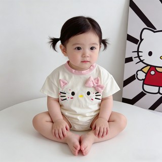 Bé Gái Rompers Mùa Hè Hello Kitty Nơ Hồng Sơ Sinh Tay Ngắn Body 66-90 Kích Thước