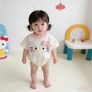 Bé Gái Rompers Mùa Hè Hello Kitty Nơ Hồng Sơ Sinh Tay Ngắn Body 66-90 Kích Thước