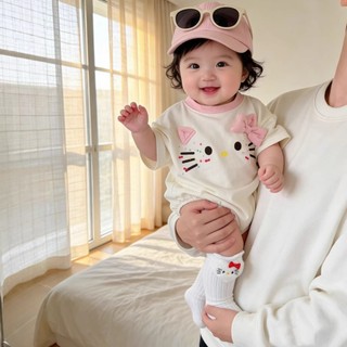 Bé Gái Rompers Mùa Hè Hello Kitty Nơ Hồng Sơ Sinh Tay Ngắn Body 66-90 Kích Thước