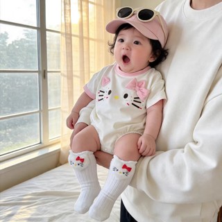 Bé Gái Rompers Mùa Hè Hello Kitty Nơ Hồng Sơ Sinh Tay Ngắn Body 66-90 Kích Thước