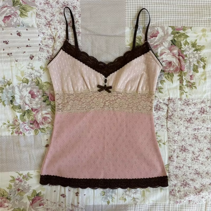 Phụ Nữ Ren Chắp Vá Không Tay Camisoles Mùa Hè Retro Y2K