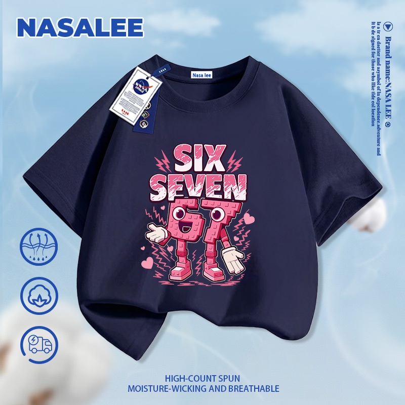 [Giao hàng trong ngày] Áo thun ngắn tay màu đỏ dành cho trẻ em NASA Cotton nguyên chất thoáng khí thoải mái Quần áo bé trai bé gái số. 67 Steal Brain Red Mountain Sea Họa tiết cổ điển nửa