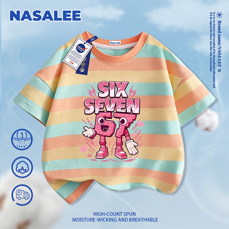 [Giao hàng trong ngày] Áo thun ngắn tay màu đỏ dành cho trẻ em NASA Cotton nguyên chất thoáng khí thoải mái Quần áo bé trai bé gái số. 67 Steal Brain Red Mountain Sea Họa tiết cổ điển nửa