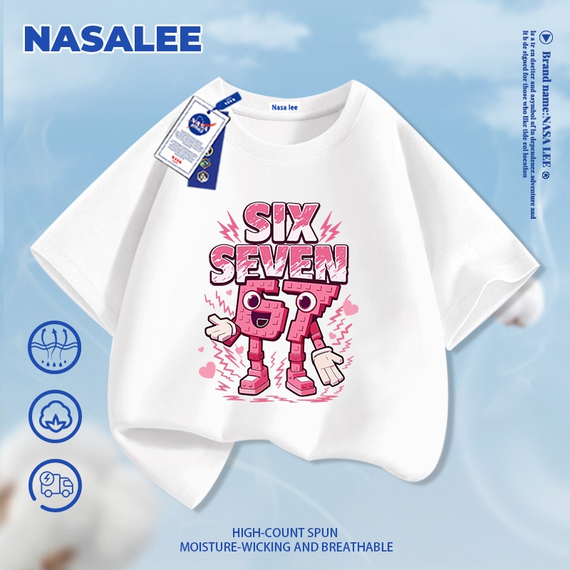 [Giao hàng trong ngày] Áo thun ngắn tay màu đỏ dành cho trẻ em NASA Cotton nguyên chất thoáng khí thoải mái Quần áo bé trai bé gái số. 67 Steal Brain Red Mountain Sea Họa tiết cổ điển nửa