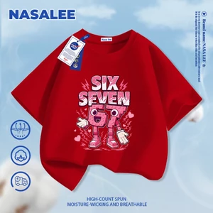 Áo thun ngắn tay màu đỏ dành cho trẻ em NASA Cotton nguyên chất thoáng khí thoải mái Quần áo bé trai bé gái số. 67 Steal Brain Red Mountain Sea Họa tiết cổ điển nửa