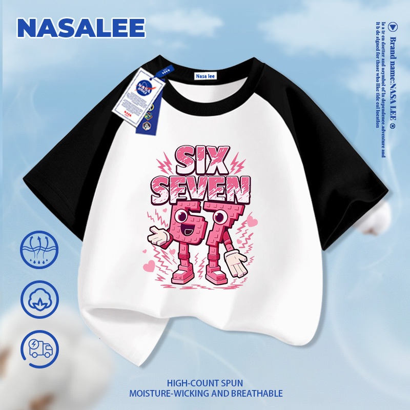 [Giao hàng trong ngày] Áo thun ngắn tay màu đỏ dành cho trẻ em NASA Cotton nguyên chất thoáng khí thoải mái Quần áo bé trai bé gái số. 67 Steal Brain Red Mountain Sea Họa tiết cổ điển nửa