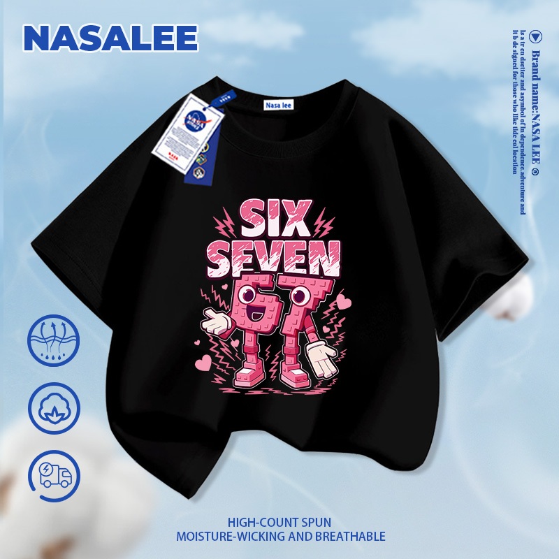 [Giao hàng trong ngày] Áo thun ngắn tay màu đỏ dành cho trẻ em NASA Cotton nguyên chất thoáng khí thoải mái Quần áo bé trai bé gái số. 67 Steal Brain Red Mountain Sea Họa tiết cổ điển nửa