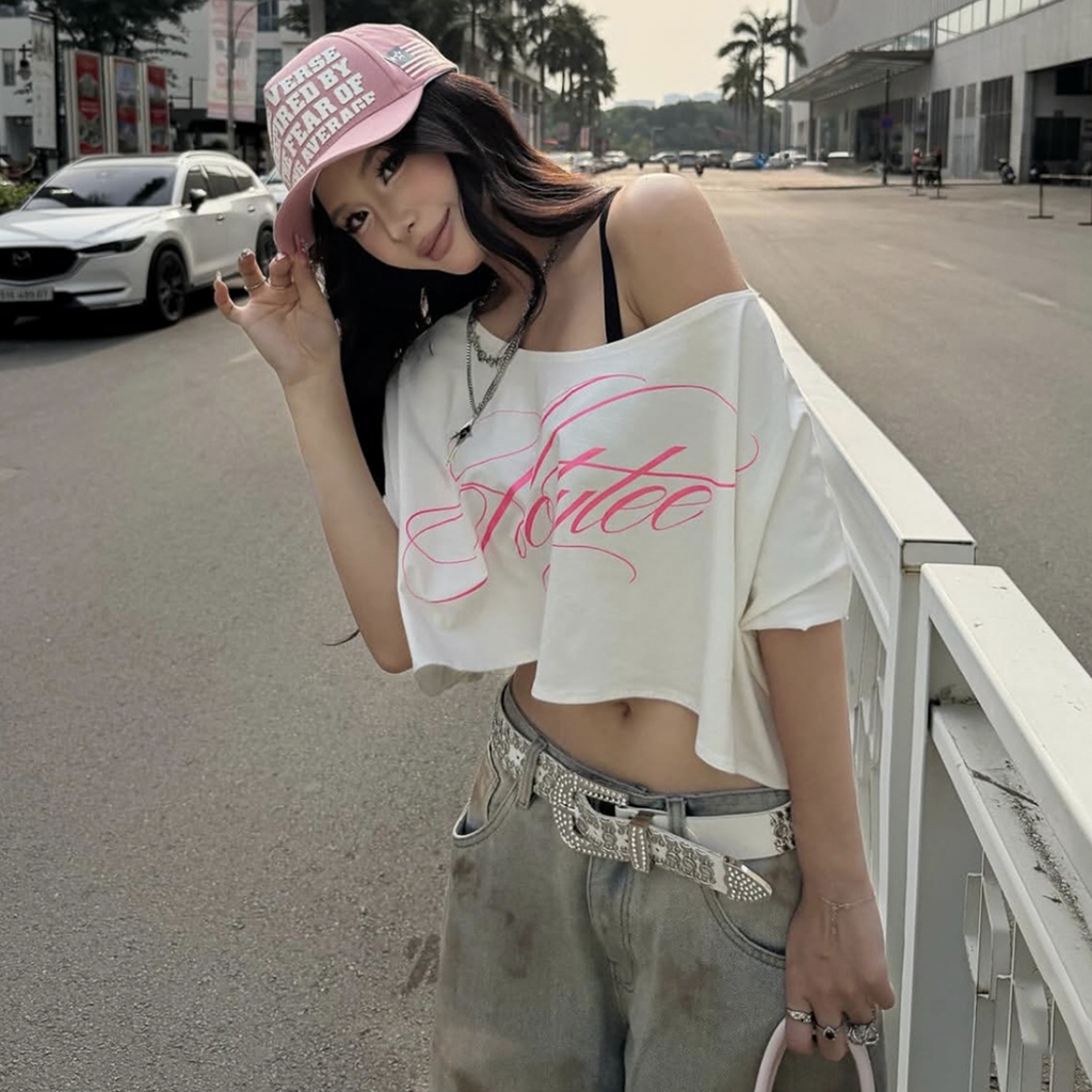 CuteNew Áo Thun Off-Vai In Rốn, Just-Fit, Phong Cách Y2K Cá Tính Cho Mùa Hè