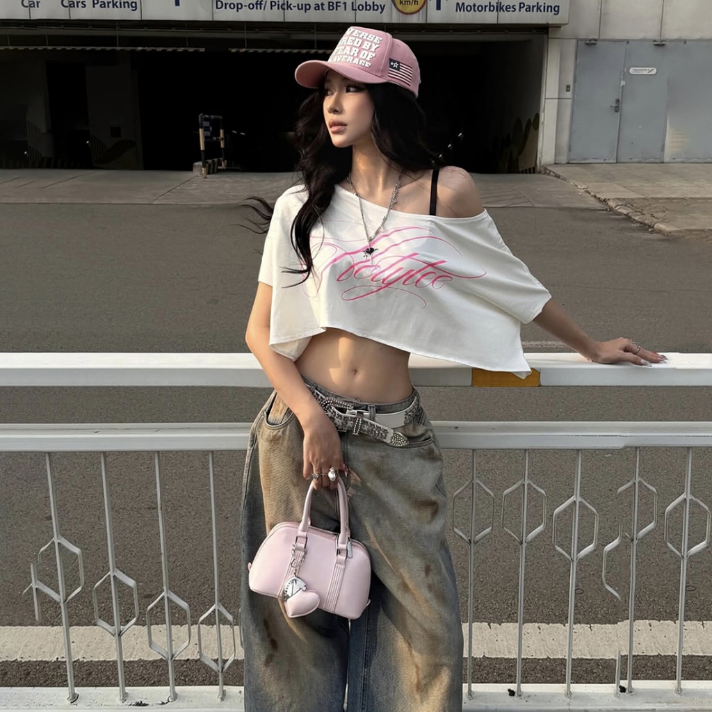 CuteNew Áo Thun Off-Vai In Rốn, Just-Fit, Phong Cách Y2K Cá Tính Cho Mùa Hè