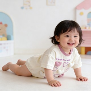 Bé Gái Rompers Mùa Hè 3D Trái Tim Trang Trí Màu Be Tím Sơ Sinh Tay Ngắn Body 66-90 Kích Thước