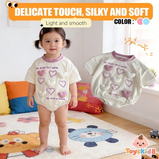 Bé Gái Rompers Mùa Hè 3D Trái Tim Trang Trí Màu Be Tím Sơ Sinh Tay Ngắn Body 66-90 Kích Thước