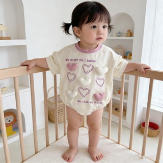 Bé Gái Rompers Mùa Hè 3D Trái Tim Trang Trí Màu Be Tím Sơ Sinh Tay Ngắn Body 66-90 Kích Thước
