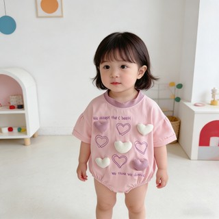 Bé Gái Rompers Mùa Hè 3D Trái Tim Trang Trí Màu Be Tím Sơ Sinh Tay Ngắn Body 66-90 Kích Thước