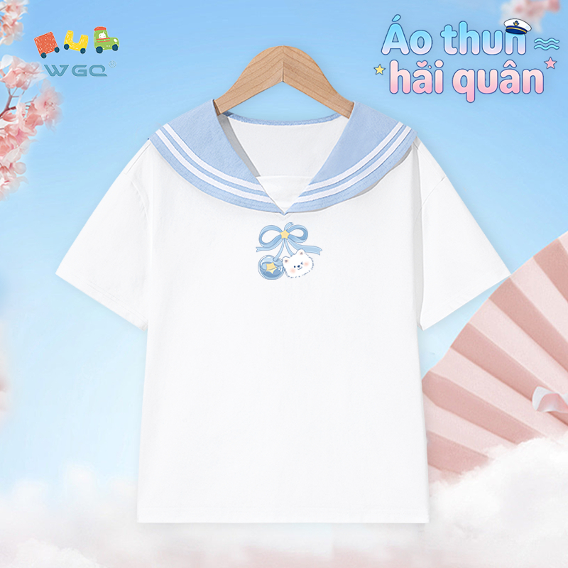 W.G.Q Áo thun bé gái，thiết kế cổ áo hải quân，dáng rộng vừa vặn，thoáng khí thoải mái，phong cách bán chạy mùa hè