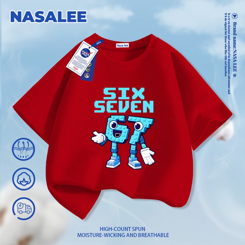 [Giao hàng trong ngày] Áo thun Cotton nguyên chất màu xanh hải quân dành cho trẻ em của NASA Không khí ăn cắp một Brainrot No. 67 mẫu tay ngắn dáng rộng thông thường