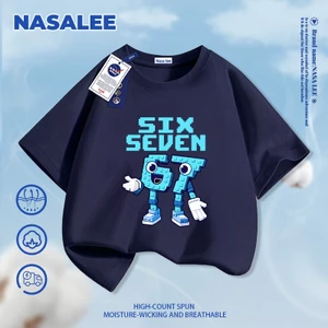 Áo thun Cotton nguyên chất màu xanh hải quân dành cho trẻ em của NASA Không khí ăn cắp một Brainrot No. 67 mẫu tay ngắn dáng rộng thông thường