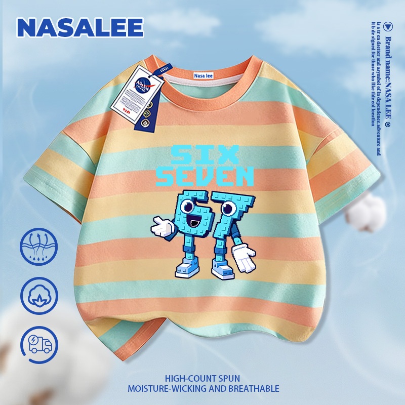 [Giao hàng trong ngày] Áo thun Cotton nguyên chất màu xanh hải quân dành cho trẻ em của NASA Không khí ăn cắp một Brainrot No. 67 mẫu tay ngắn dáng rộng thông thường